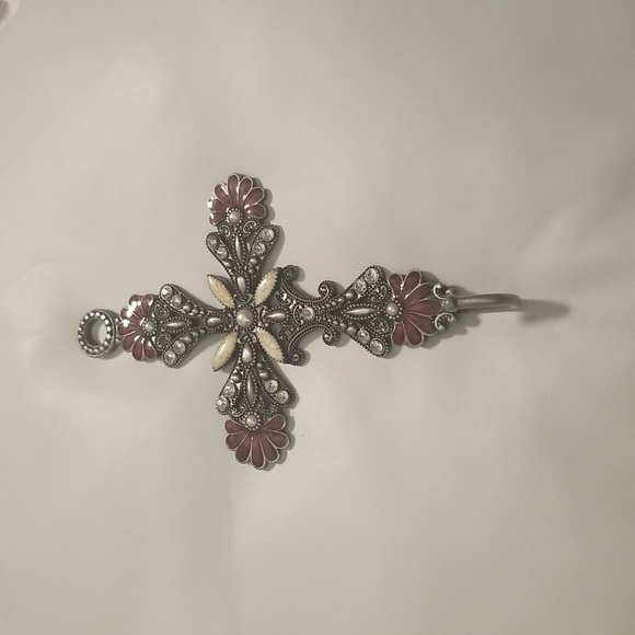 Source Unknown Other - Women's Jeweled Cross Metal Hook Hanger; Size 5x8 inches; Purple Pewter & Beige